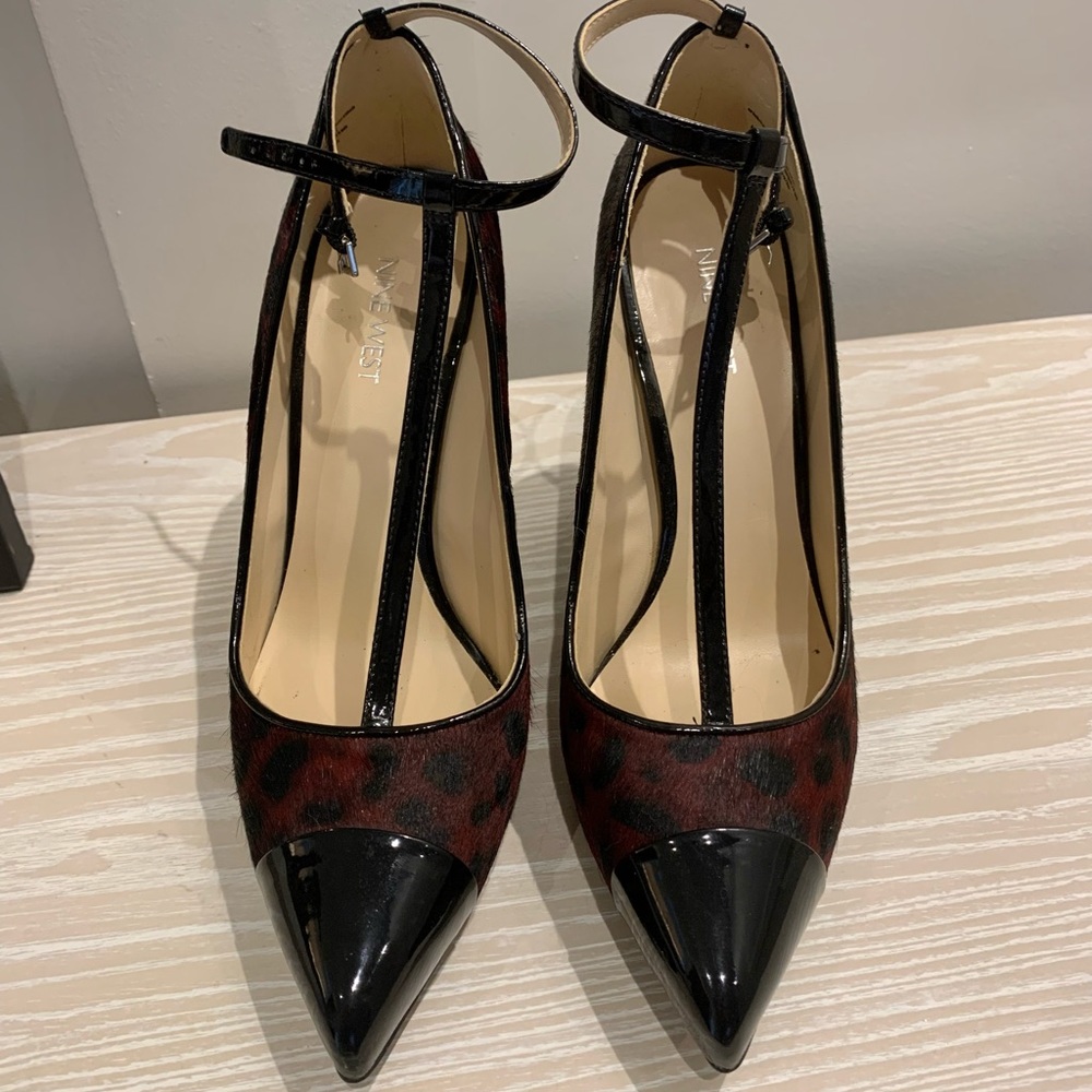 Animal print ponyhair t-strap pumps with patent detailing